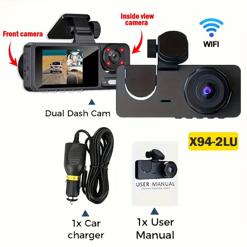 3-канална камера за кола 1080P с предна, задна и вътрешна камера, WiFi, нощно виждане и режим на паркиране
