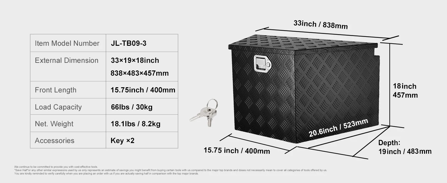 Coffre de rangement robuste en aluminium pour timon de remorque 33"