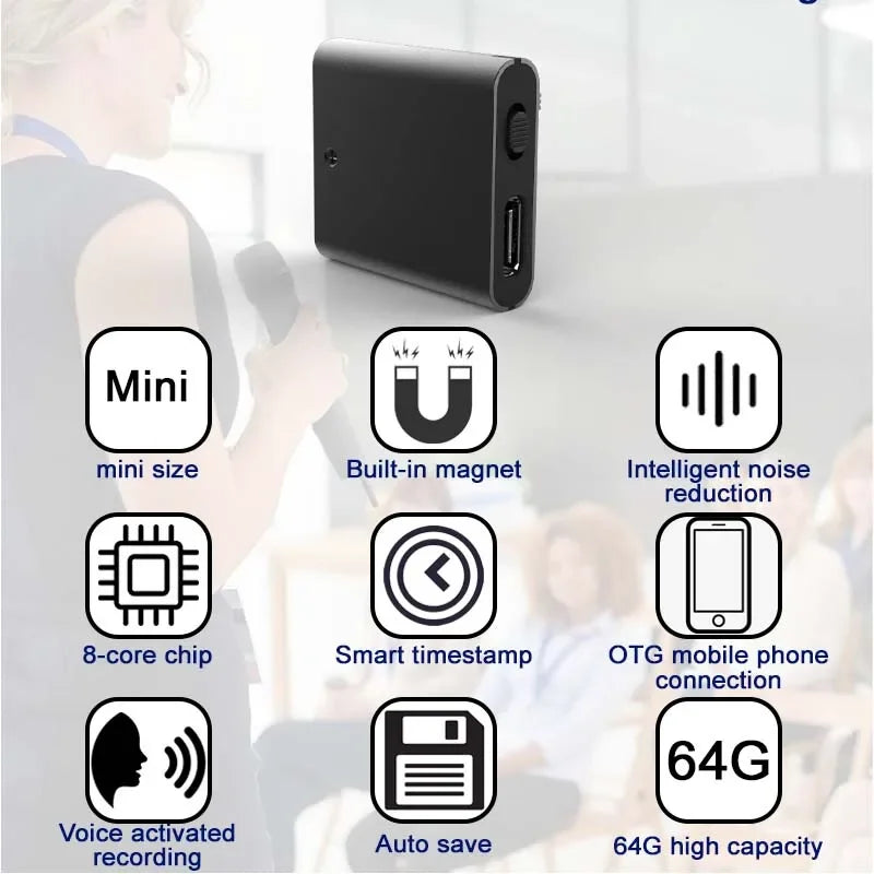 Mini Voice Activated Recorder with OTG Phone Connection & Magnet