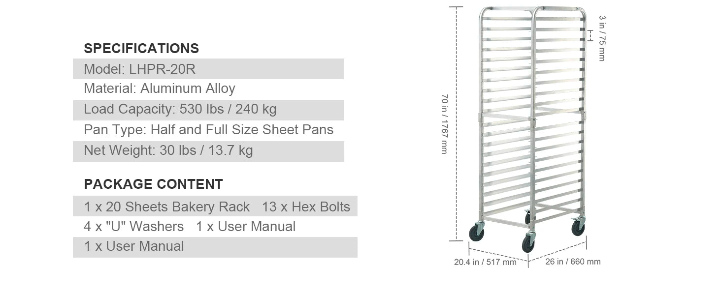 20-Tier Commercial Bun Pan Rack with Wheels Aluminum Bakery Trolley