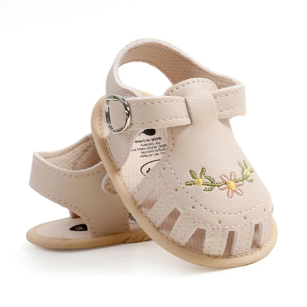 Newborn Baby Girl Sandals with Embroidered Floral Soft Sole