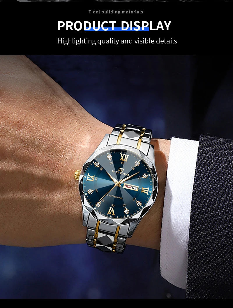 2024 New Men's Watch Fashion Rivet Stainless Steel Strap Luxury Water Diamond Diamond Luminous Blue Gold Dial Business Men Watch
