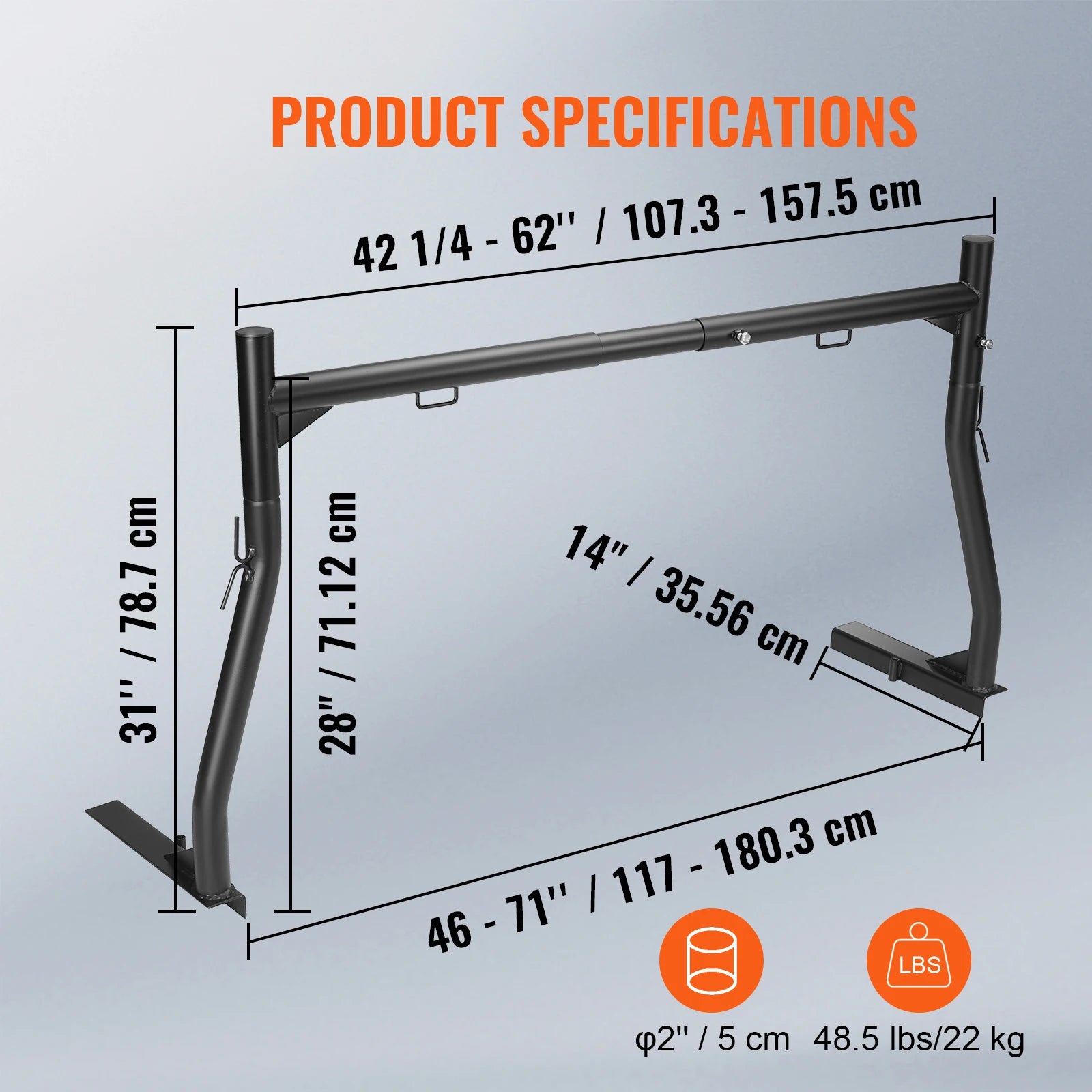 Adjustable Truck Ladder Rack 46-71 in 800 lbs Capacity Steel