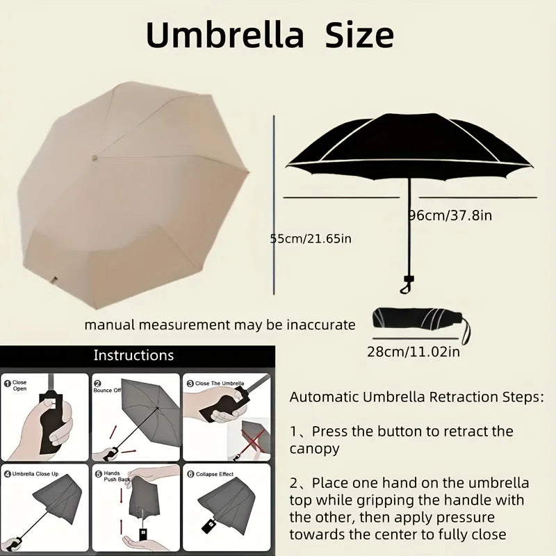 Automatic Opening And Closing FoldingUmbrella - Compact Design - Ergonomic Handle8 Steel Ribs - Outdoor Portable Durable Folding