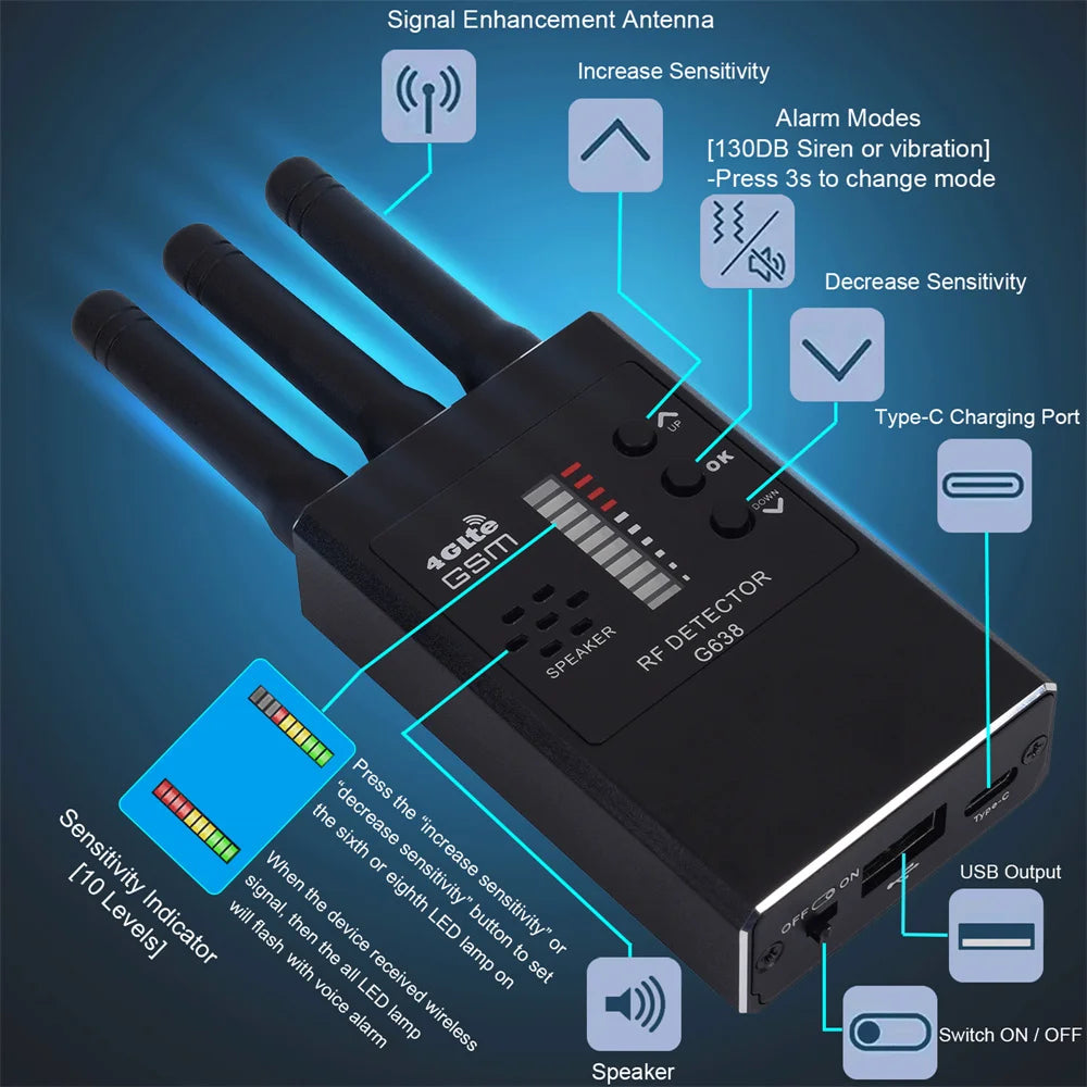Portable G638 Professional Anti Spy Wireless RF Signal Detector, Hidden Camera Scanner, GPS Tracker, GSM Bug Finders