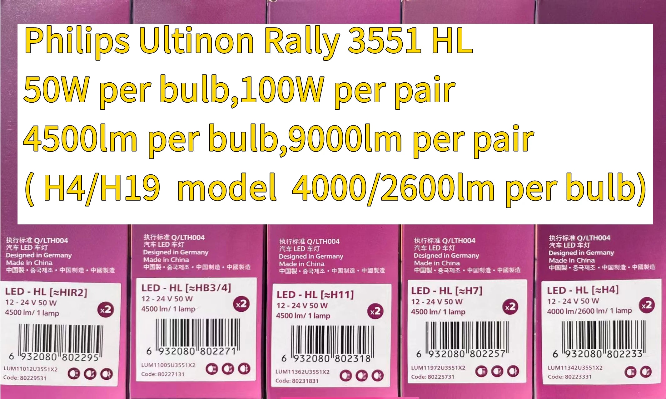 Philips Ultinon Rally 3551 LED H4 H7 H11 HB3/4 9006 9005 HIR2 Car Headlight 6500K White Max Power 50W Max Lumen 4500lm LED Bulb