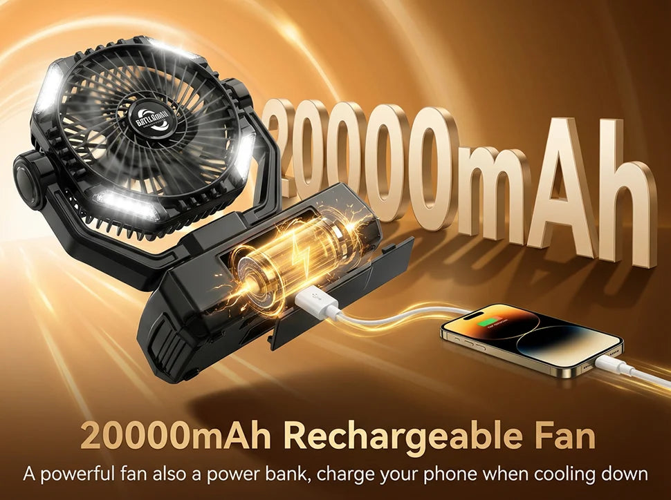 coldSky 20000mAh Camping Fan with 4 LED Lights and Remote Control 8 Speed Adjustable Rechargeable Outdoor Fan for Tent Fishing