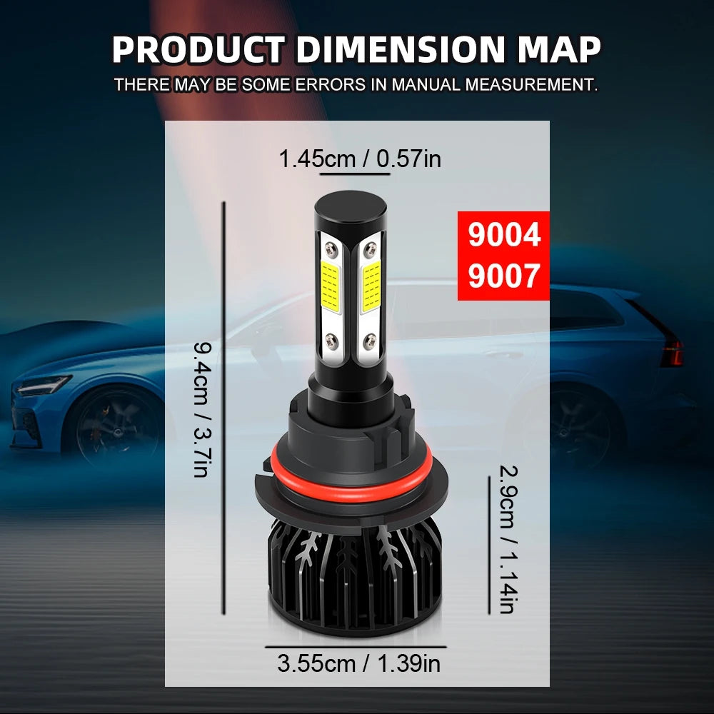 1 set de 4 becuri LED pentru faruri auto cu 4 fețe 9007, 25000LM 200W 9007 HB5 Hi/Lo, becuri pentru far LED auto COB 6000K alb 8000K albastru