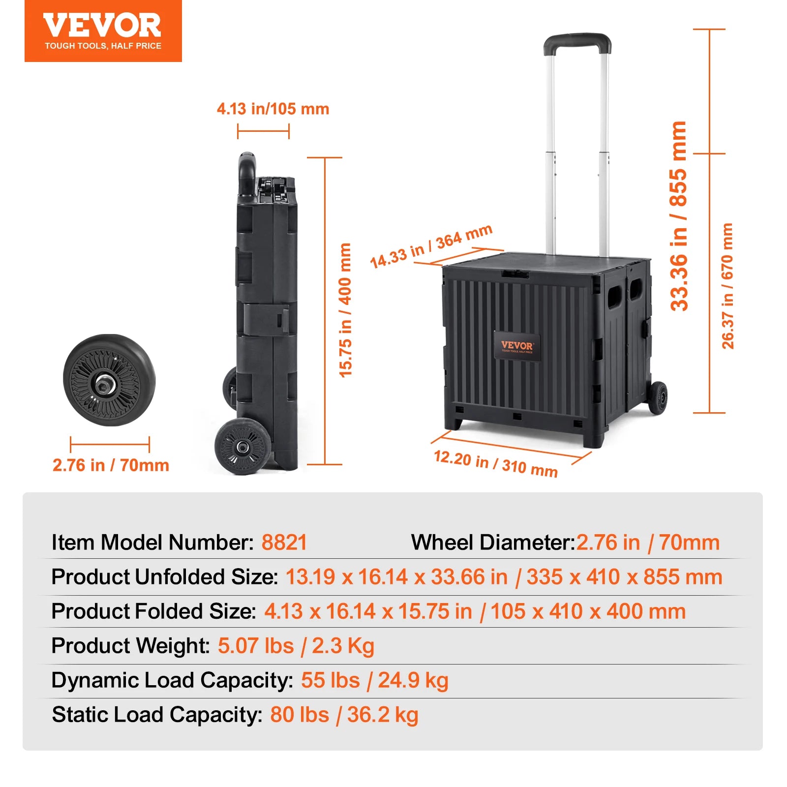 Foldable Utility Shopping Cart with Wheels & Telescopic Handle