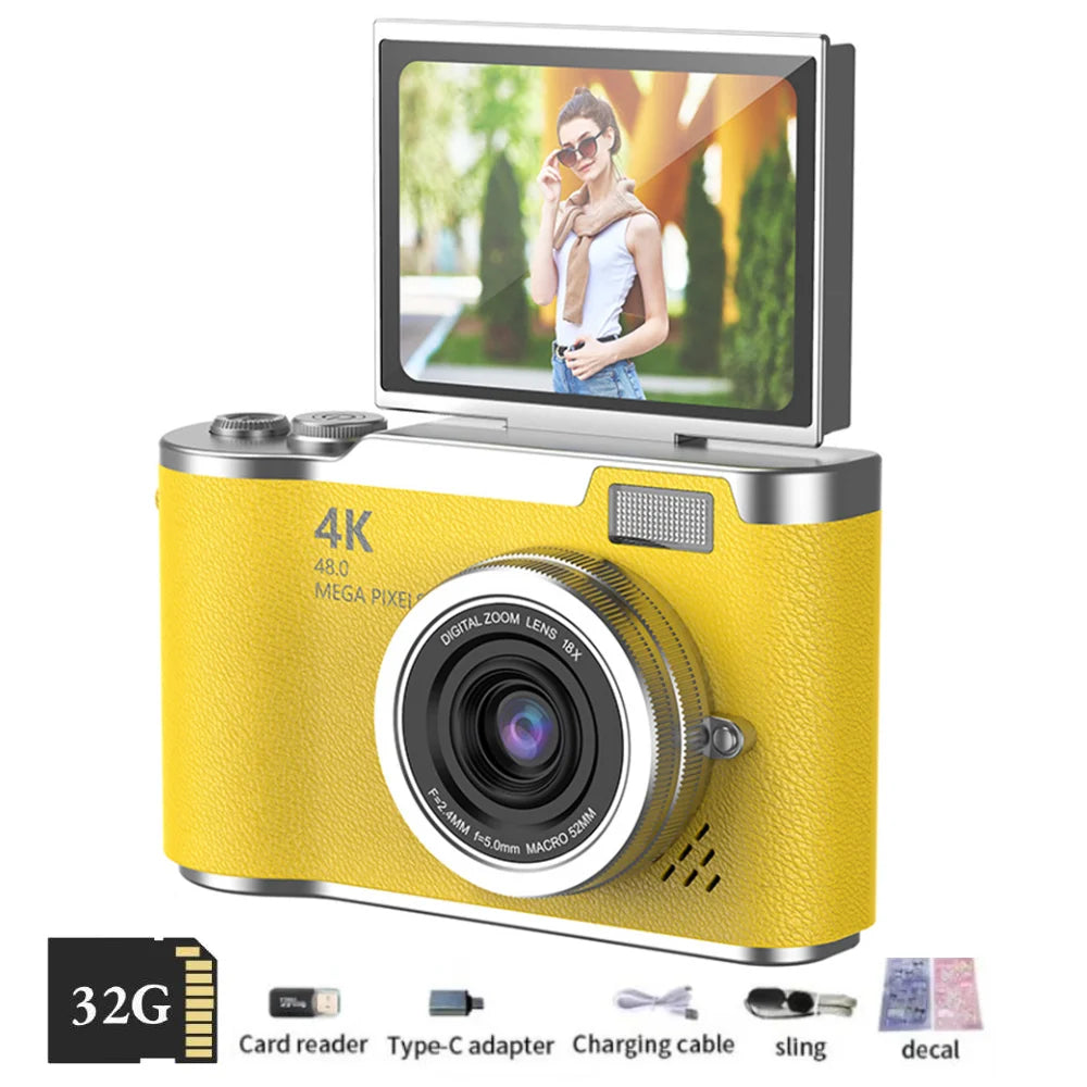 4K Digital Camera with 48MP, 8X Zoom, 180° Flip Screen, 32GB Card
