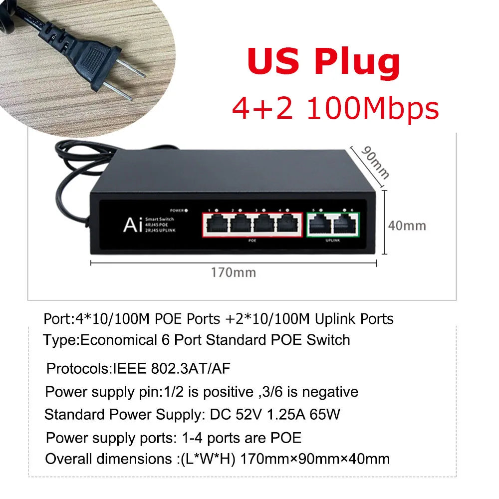 Ienron POE Switch 6/10 Ports 100Mbps Ethernet Switch POE ieee802.3af/at Network Switch Ethernet For Wifi Router IP Camera