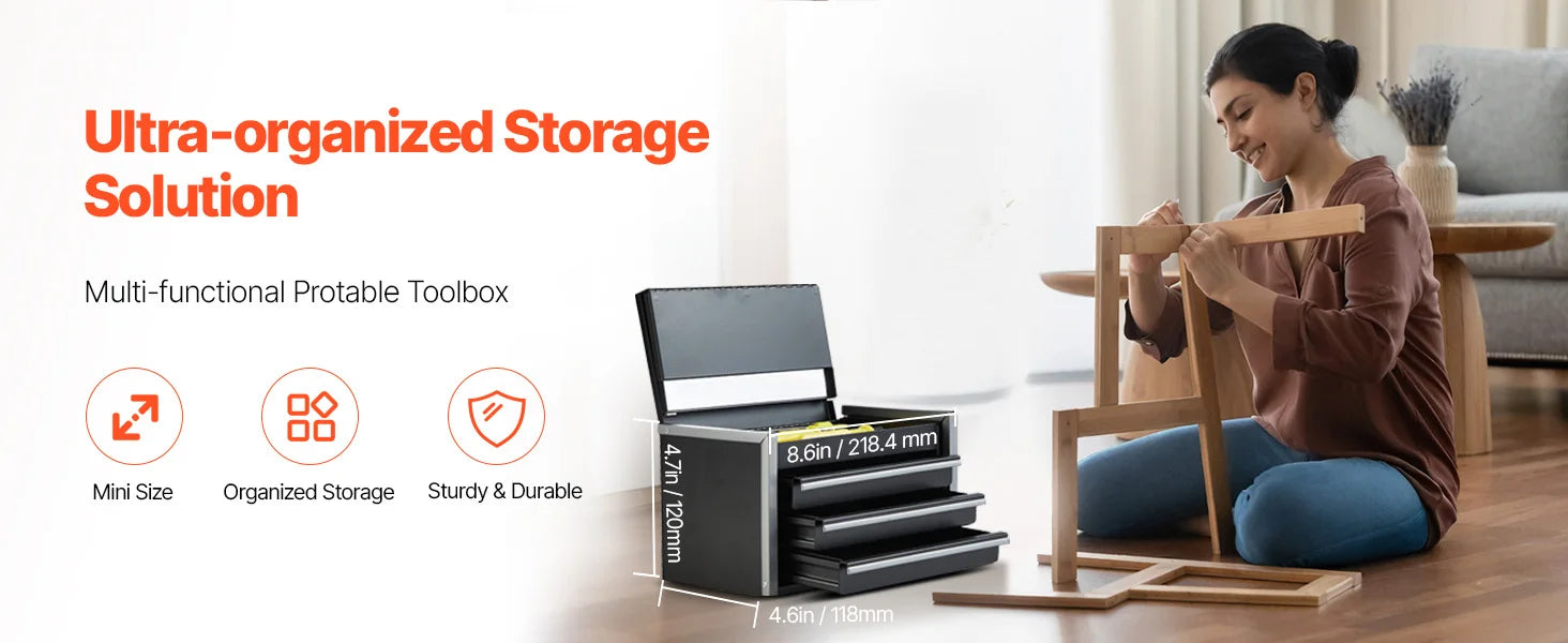 SucceBuy 8.6in 3 Drawers Metal Tool Box Portable Tools Chest with Feet Pads & Ball Bearing Powder Coated Tool Storage for Garage