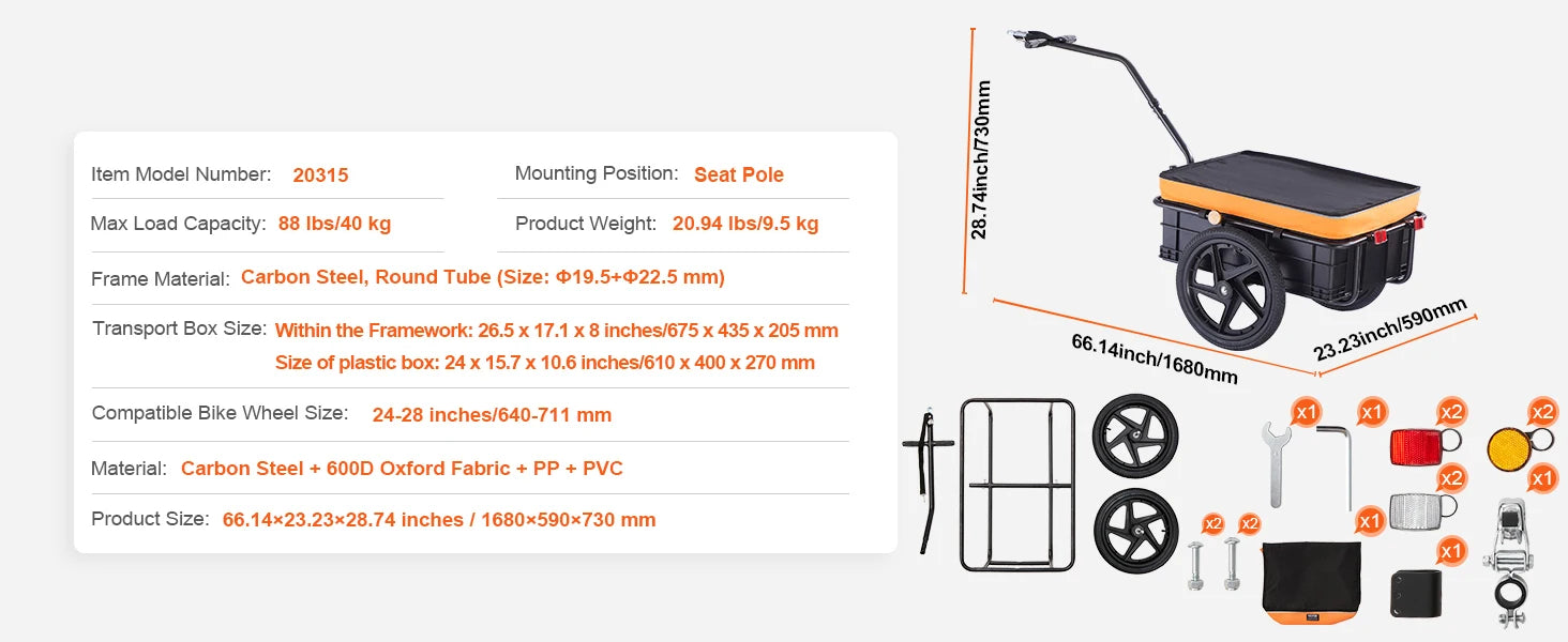 Bike Cargo Trailer 88 lbs Capacity Foldable Wagon with 16" Wheels