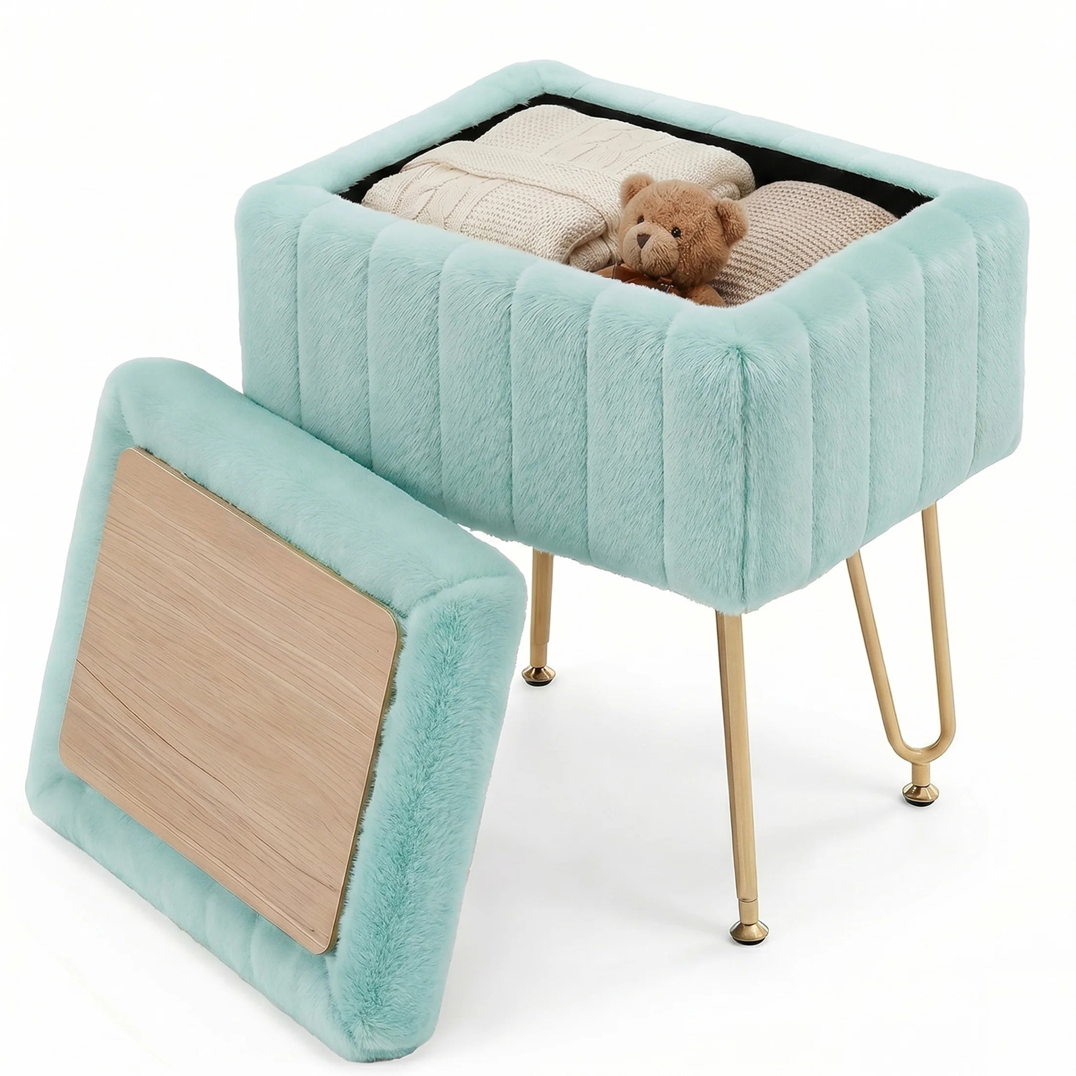 Faux Fur Vanity Stool with Hidden Storage and Metal Legs