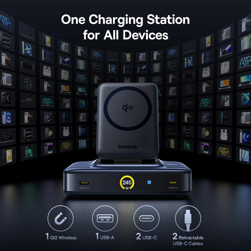 245W 6-in-1 Desktop Charger with Qi2 Wireless & 100W Retractable USB-C
