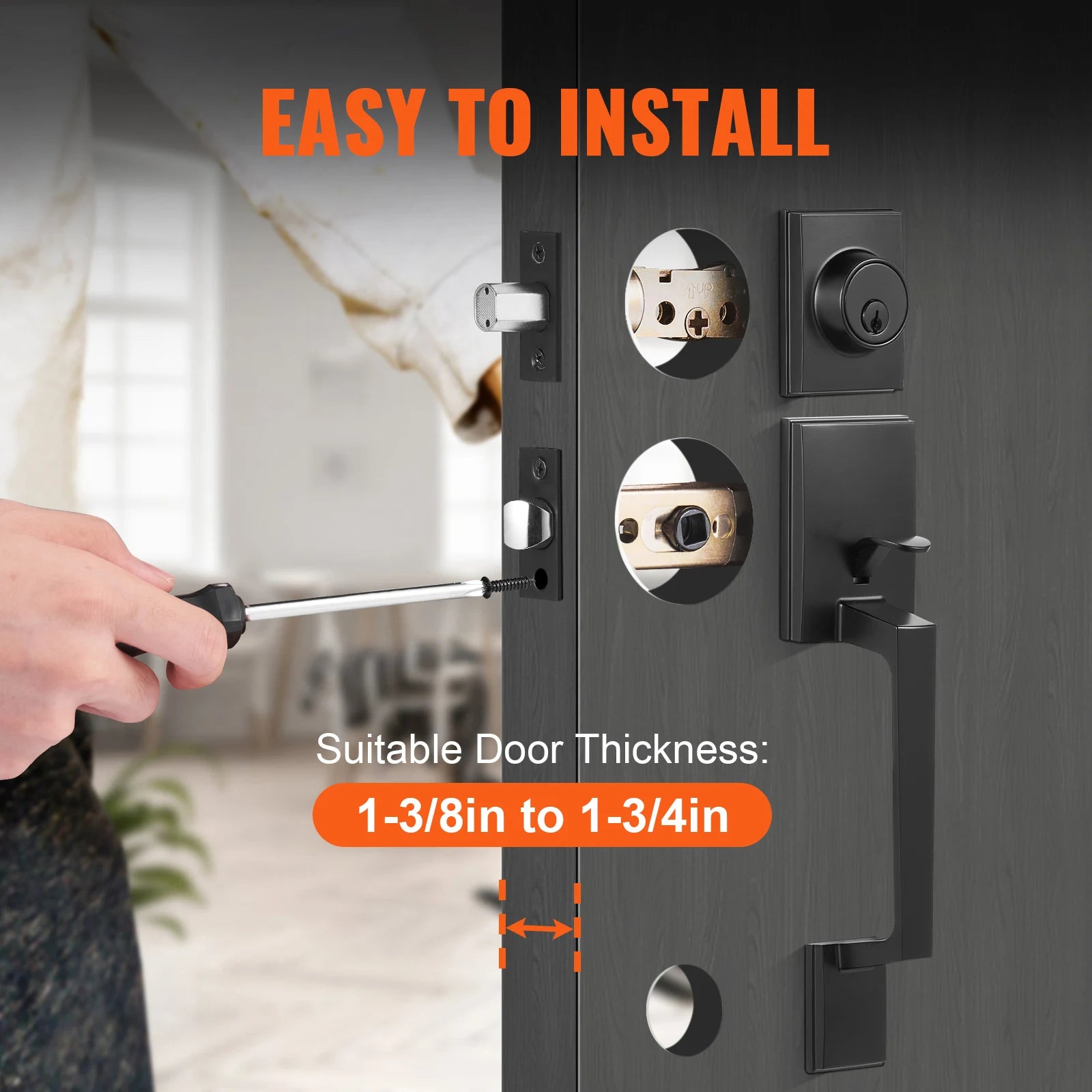 Matte Black Front Door Handle Set with Reversible Lever & Lock
