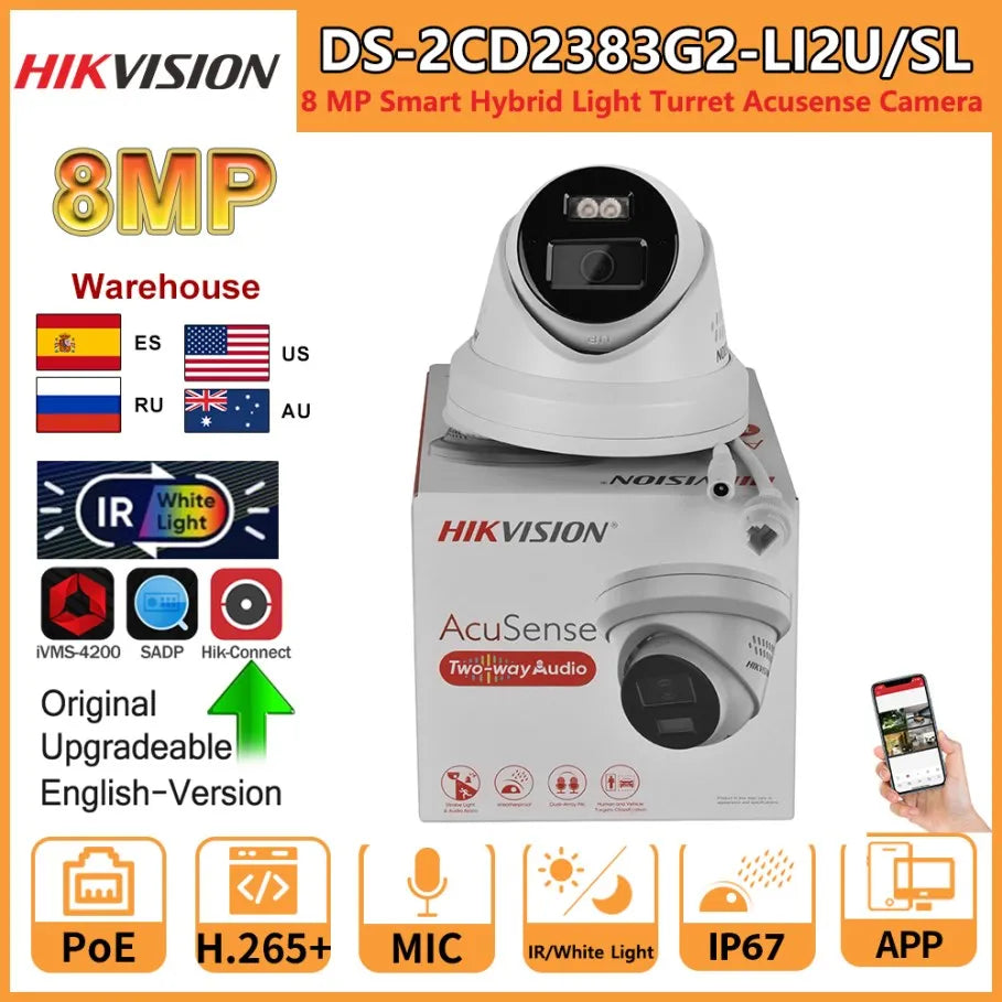Hikvision 8MP IP Camera DS-2CD2383G2-LI2U/SL Smart Hybrid Light Arrayed Mic Speaker Turret Acusense Strobe Light Audible Warning