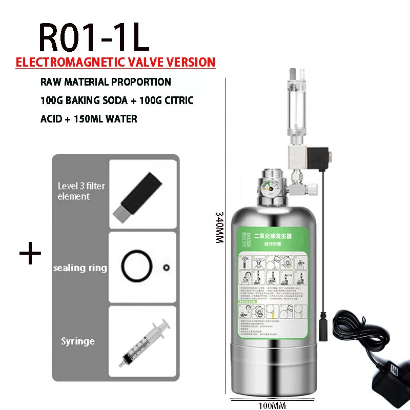 Generator de CO₂ din oțel inoxidabil pentru acvariu — 1 L sau 2 L