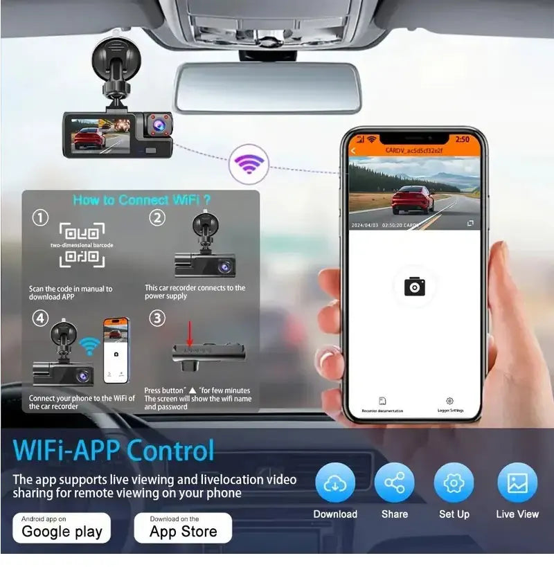 3 Channel WiFi Dash Cam Front Inside Rear 1080P Night Vision DVR