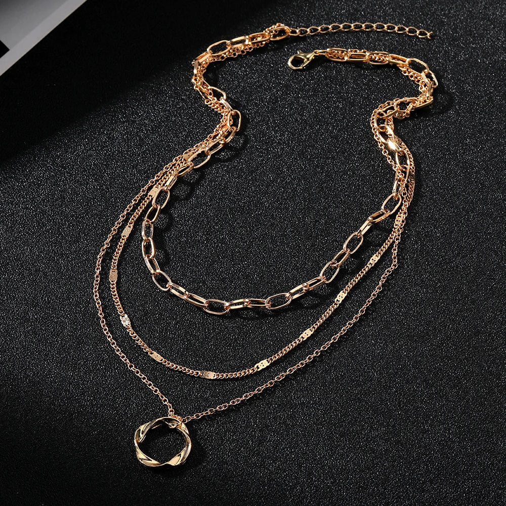 IPARAM Gold Color Multi Layered Chains Necklace for Women Girls Circle Pendant Vintage Necklaces Fashion Jewelry Gifts