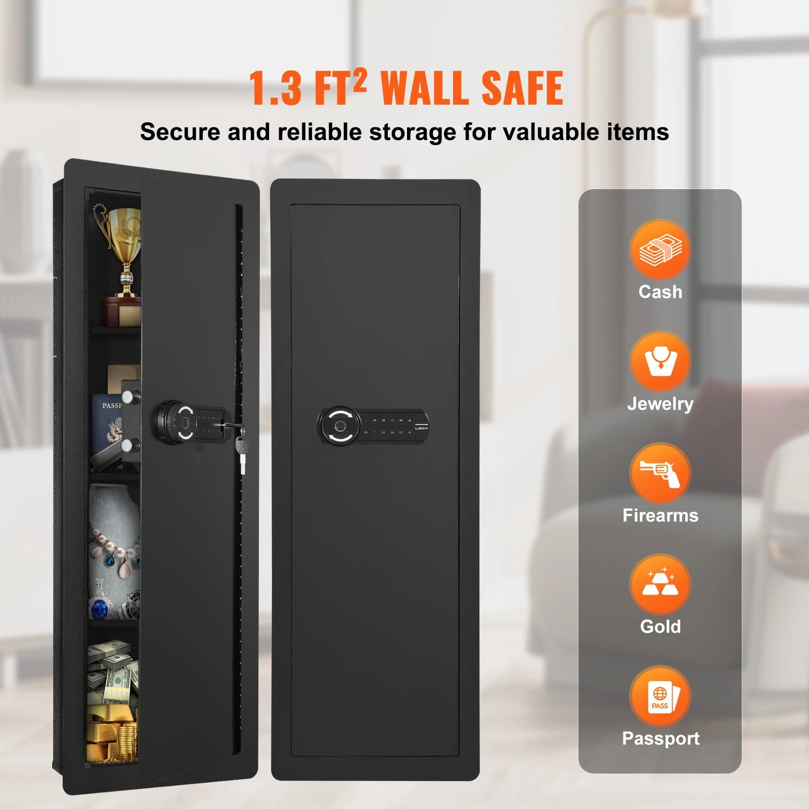 Hidden In-Wall Safe with Keypad Lock & Alarm, 3-Tier Steel Storage