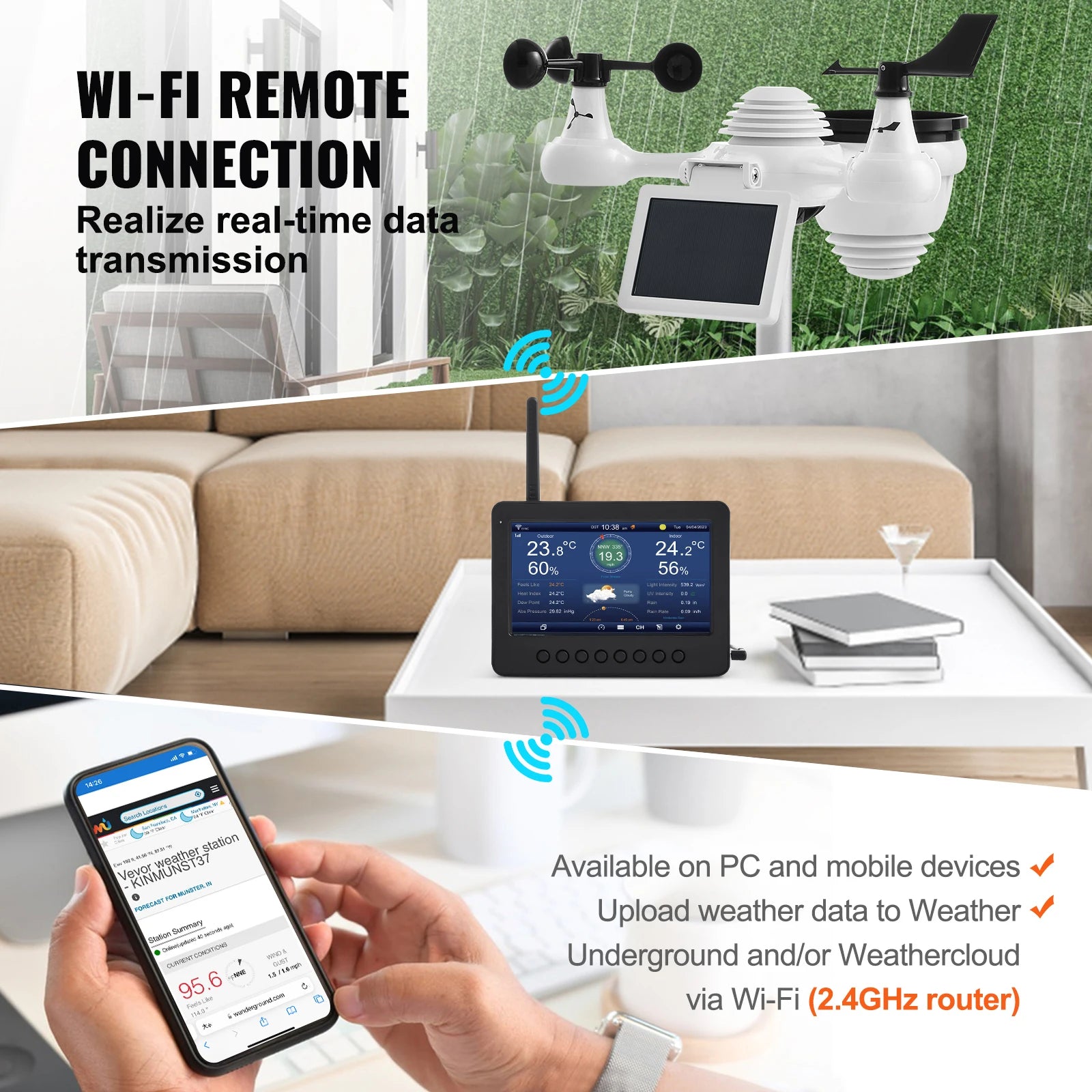 7-i-1 WiFi Väderstation med solarsensor och 7" skärm
