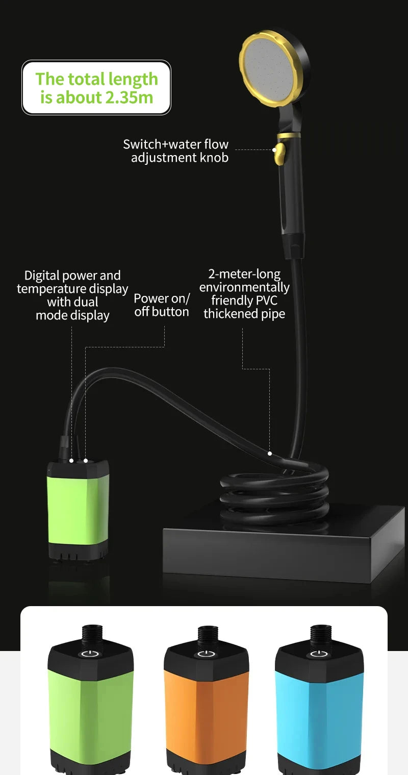 Portable Camping Shower Pump Kit with Digital Display and 6000mAh Battery