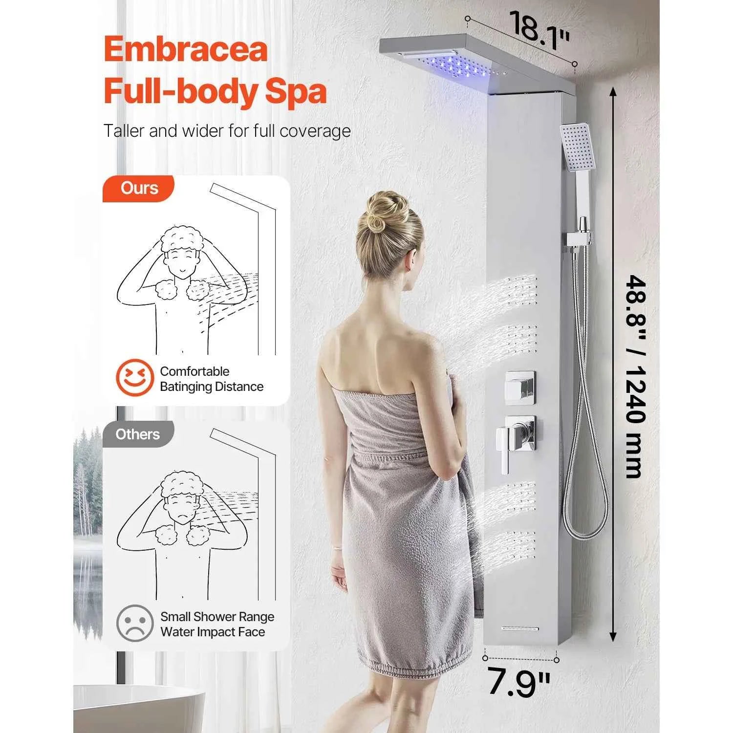 Shower Panel Tower System with Rainfall Waterfall Shower Head and Tub Spout