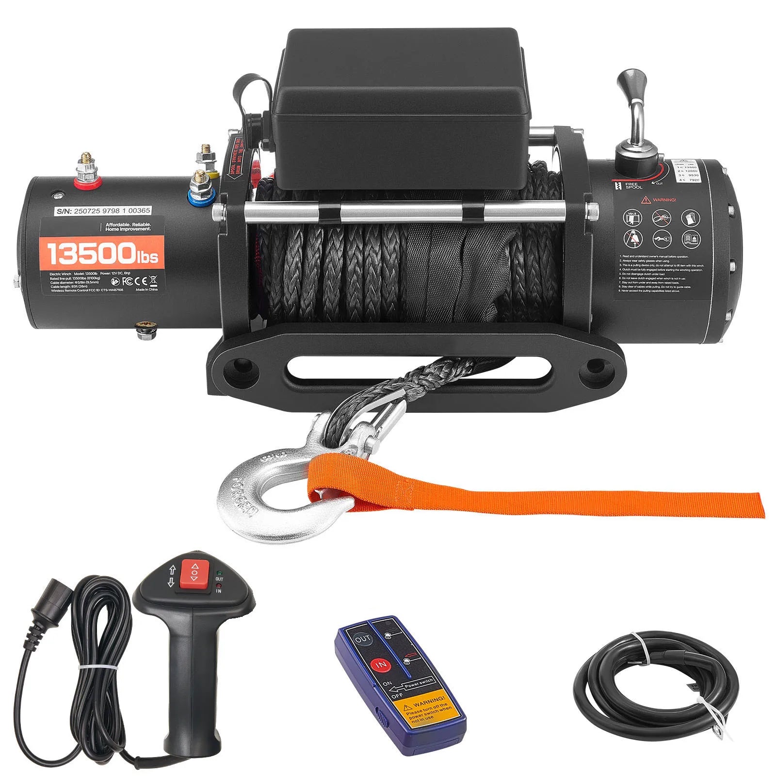 Електрическа лебедка SucceBuy 13500 lbs 12V с синтетично въже, с жично и безжично управление за теглене на SUV, офроуд, джип и ремарке