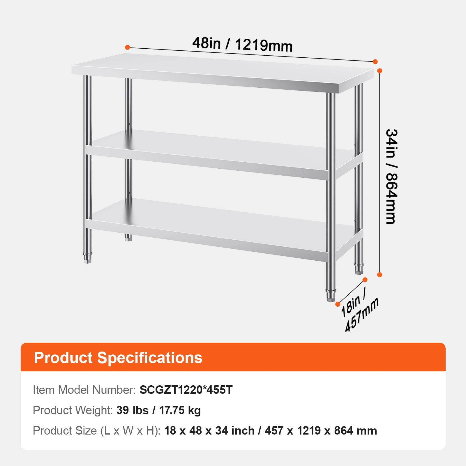 Stainless Steel Food Prep Table with Adjustable Shelves for Kitchen