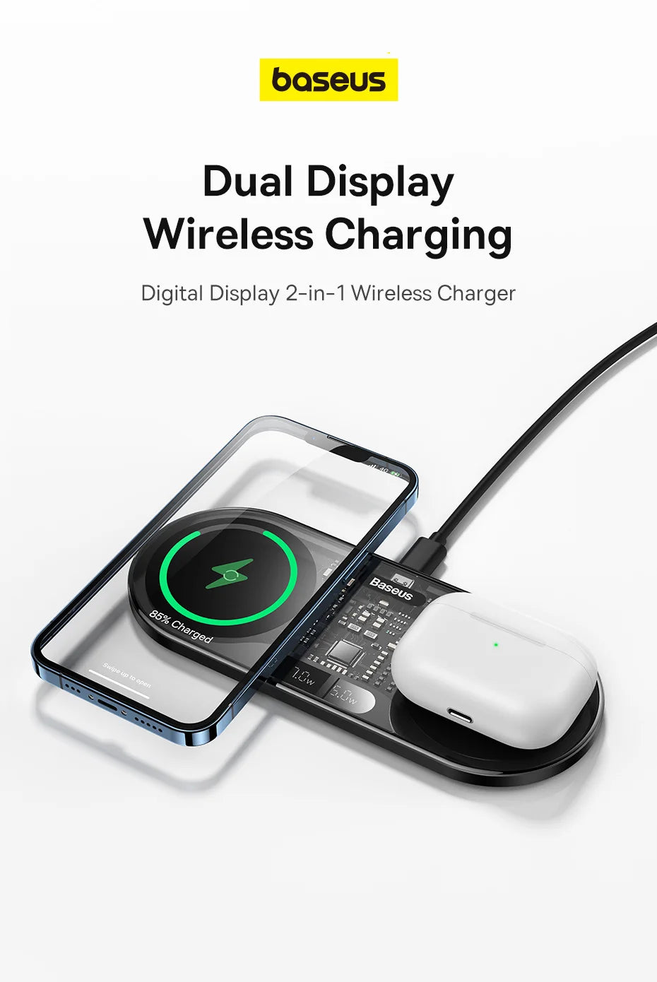Duálny bezdrôtový nabíjač s LED displejom pre iPhone, Samsung a AirPods