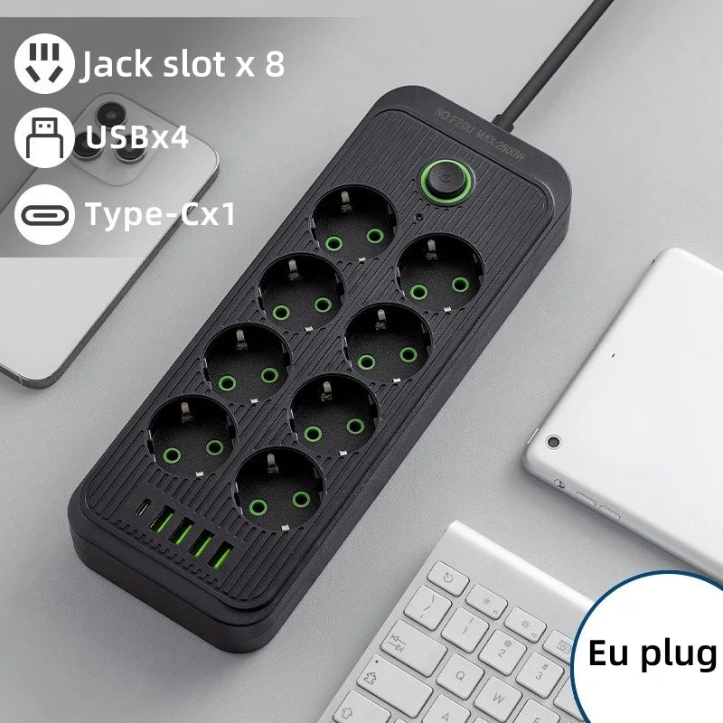 مقبس كهربائي ذكي متعدد المنافذ بقابس EU مع 6/8 فتحات EU و4 منافذ USB Type C وحماية من اندفاع التيار ومحول شحن الهاتف