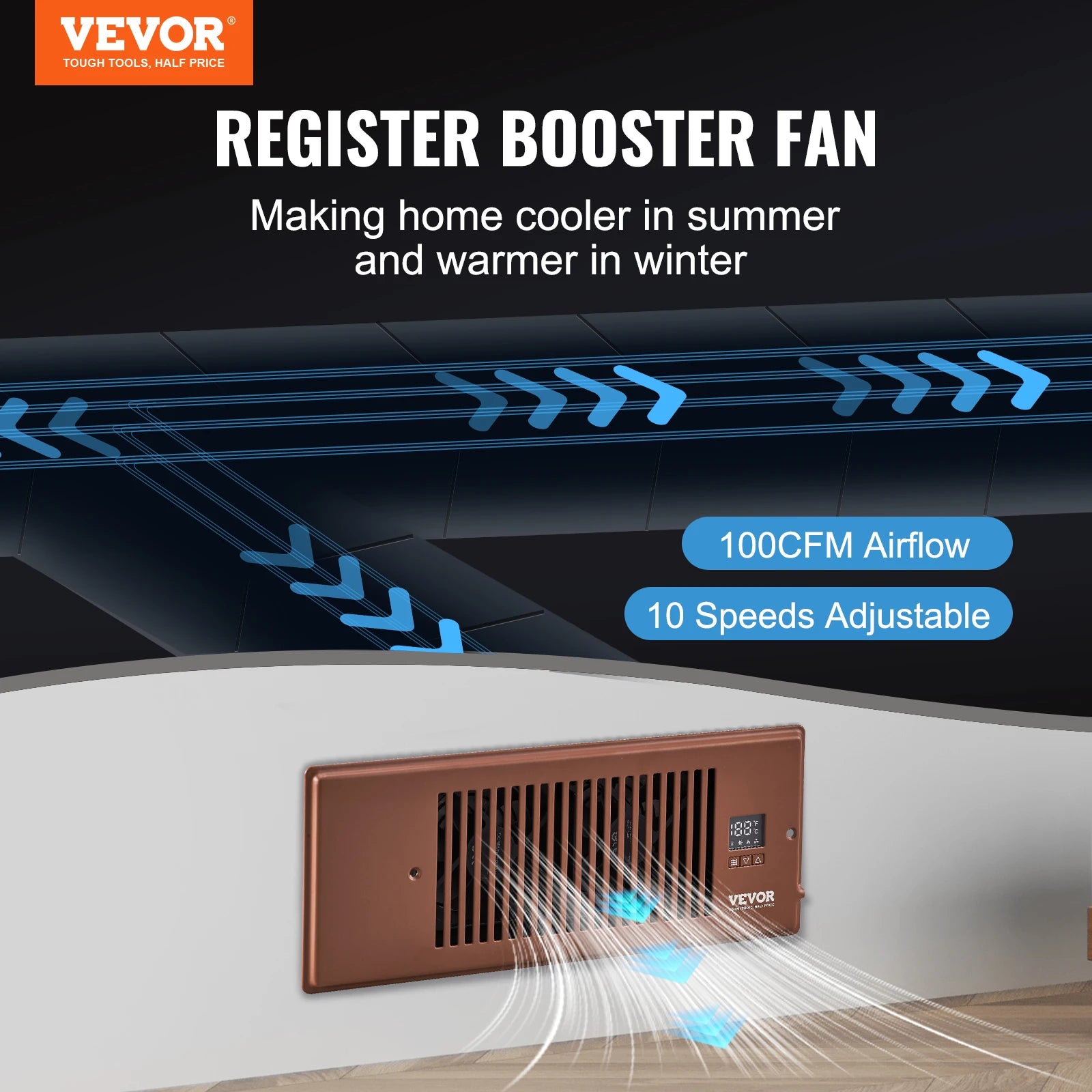 Ventilatore booster SucceBuy 4x12in, ventilatore a condotto da 100CFM, 10 velocità regolabili con controller intelligente LCD per parete e pavimento
