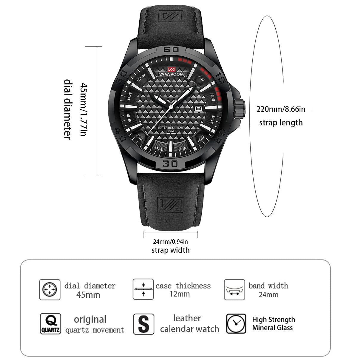 VA VA VOOM Men Casual Sport Military Quartz Calendar Wrist Watch for Man Business Leather Waterproof Male Clock Relogio Masculin