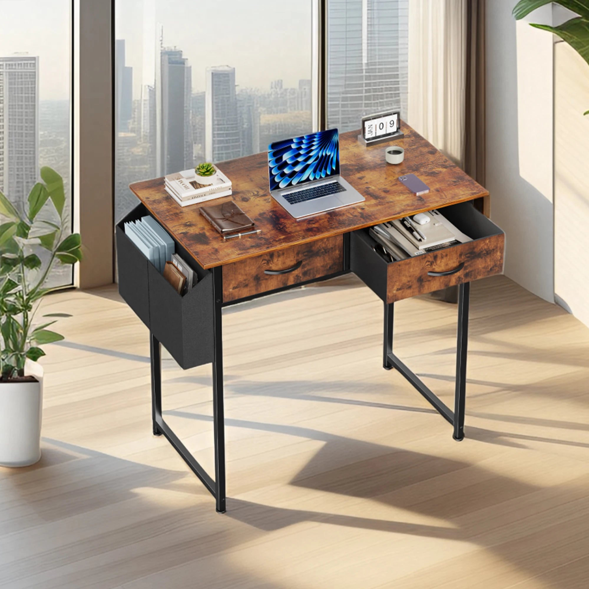 32-Inch Modern Office Desk with Fabric Drawers and Side Storage Bag