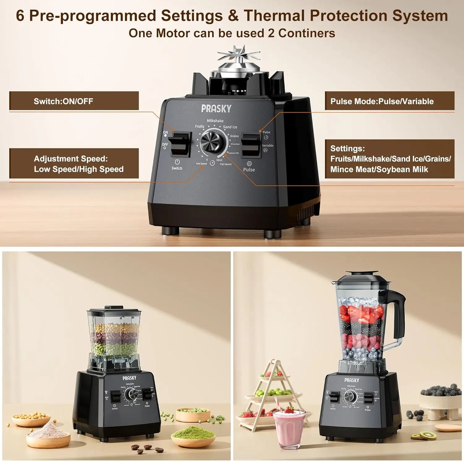 PRASKY 2400W Blender and Grinder Combo 25000RPM Powerful Kitchen 68oz BPA Free 2 Containers Professional Blenders Ice Crushing