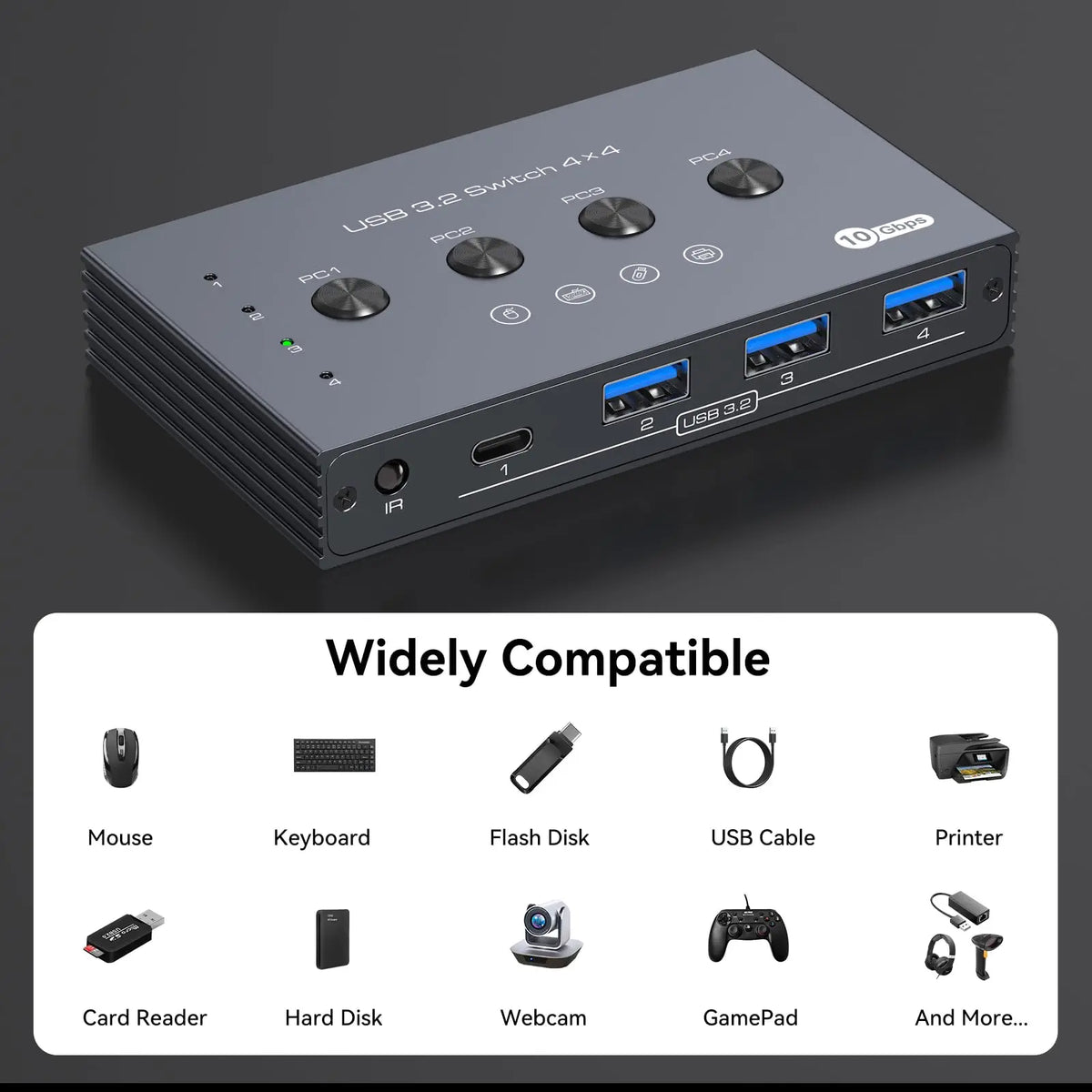 Four-Computer USB Peripheral Sharing Switch