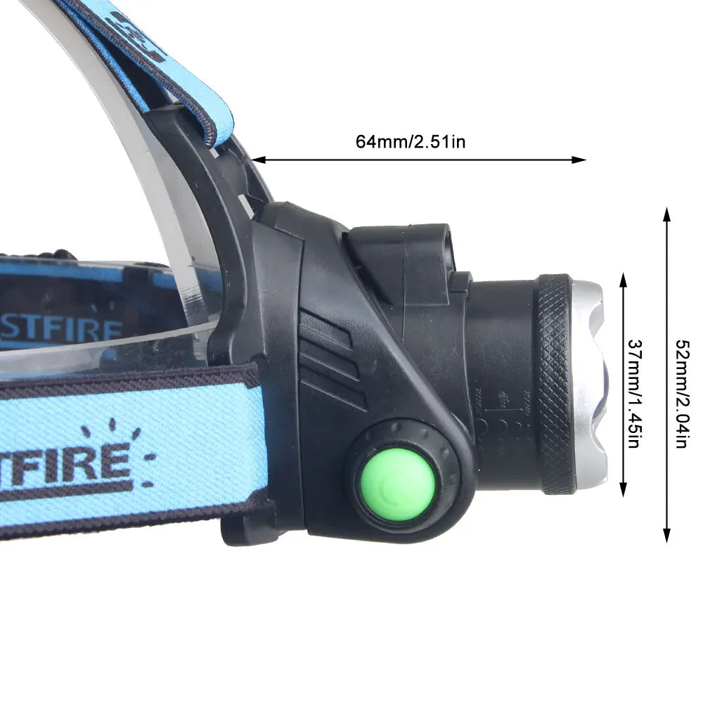 Lanterna frontal LED recarregável com feixe ajustável