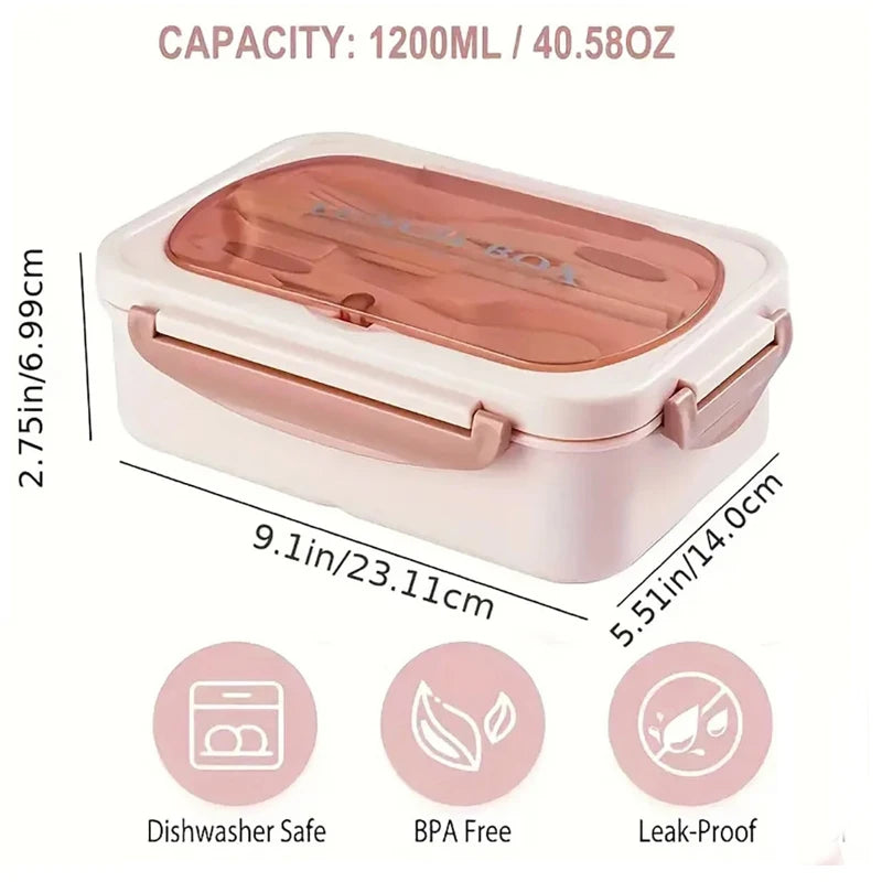 Caixa bento compartimentada para almoço com utensílios, opções de cor