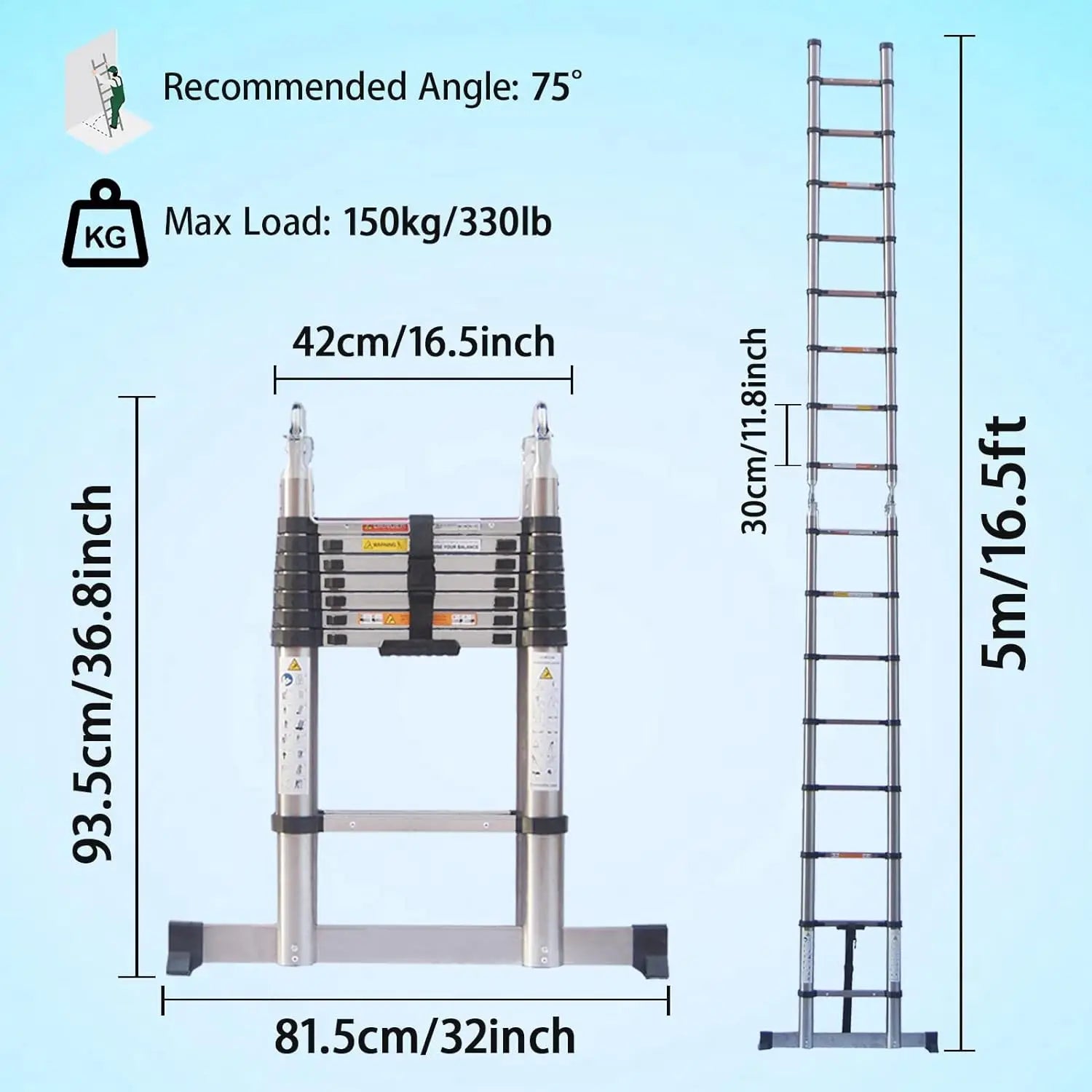 5M Telescopic Straight Ladder A‑Frame Stainless Steel Folding Ladder