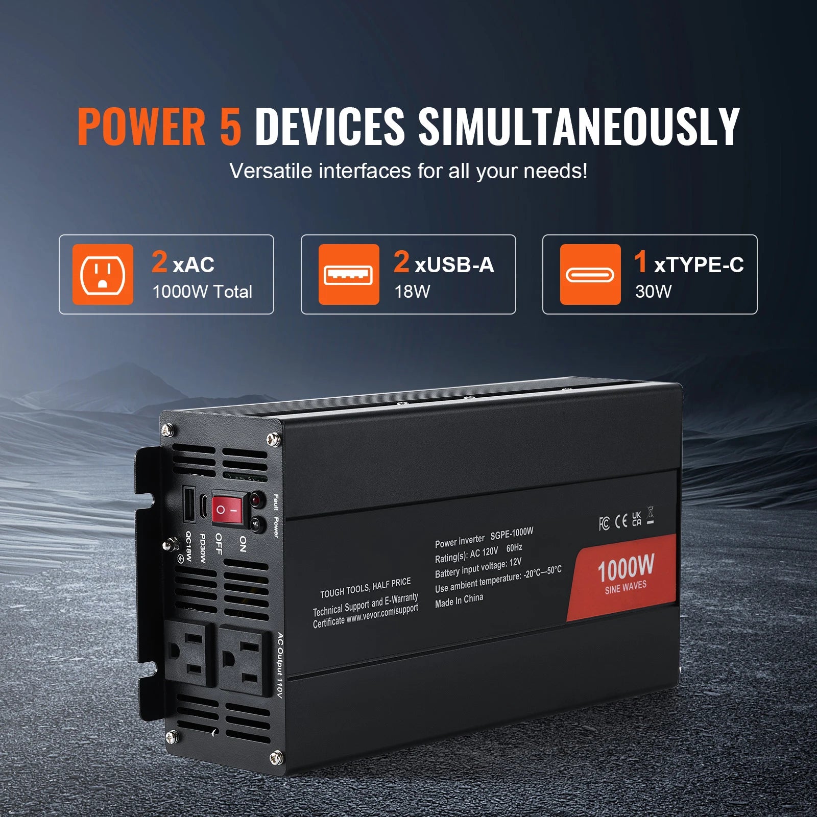 Czysty falownik sinusoidalny 1000W–3000W z pilotem i portami USB
