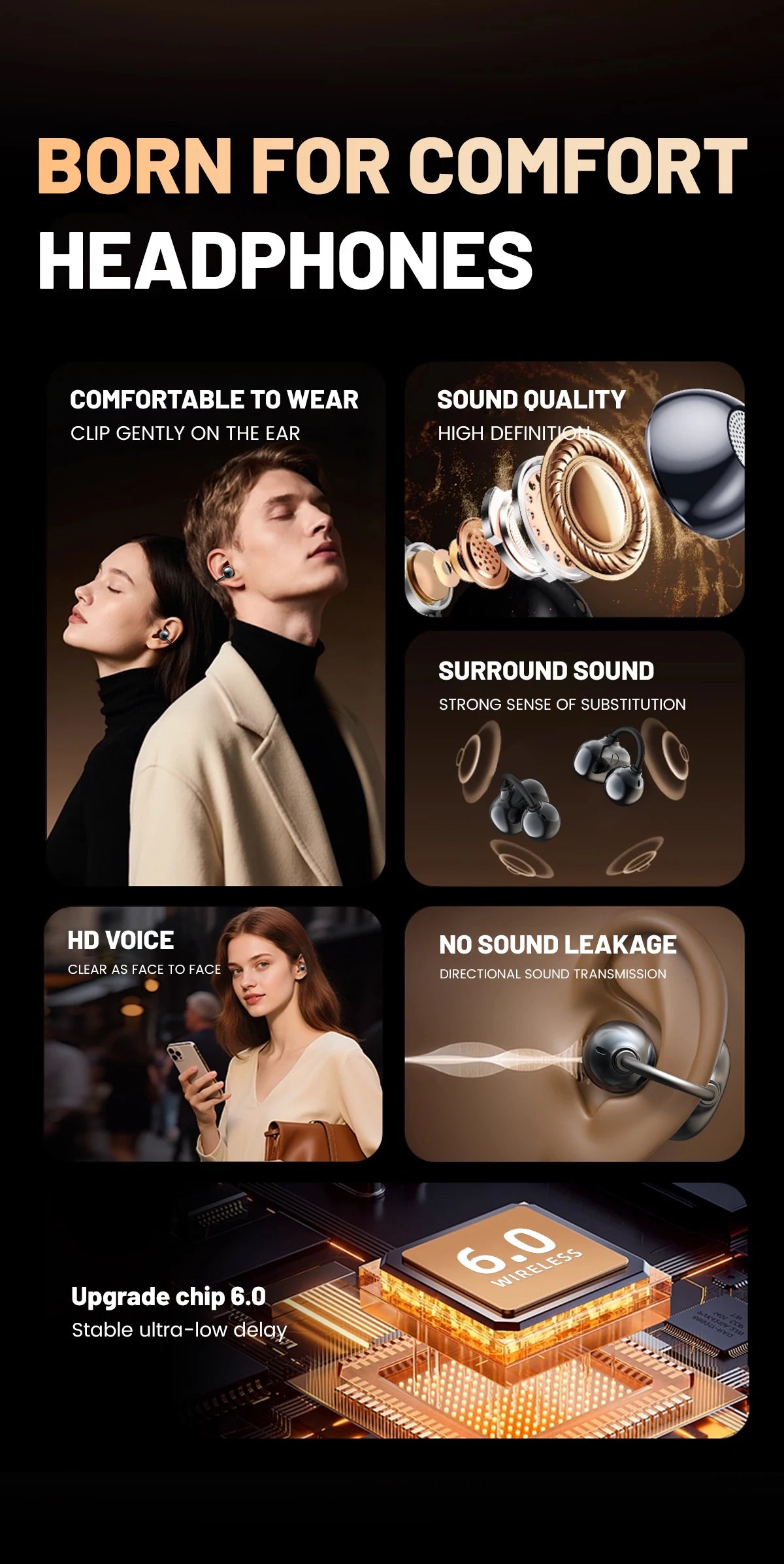 Open Ear Clip Wireless Bluetooth Earbuds with Mic