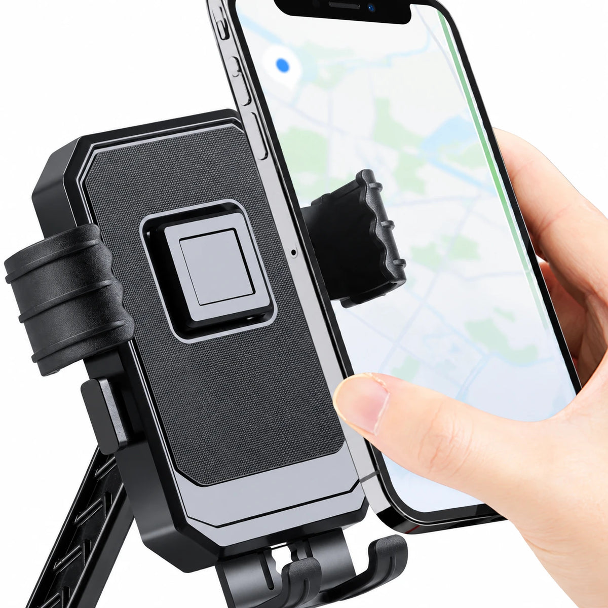 Black handlebar phone holder, inserting a demonstration phone