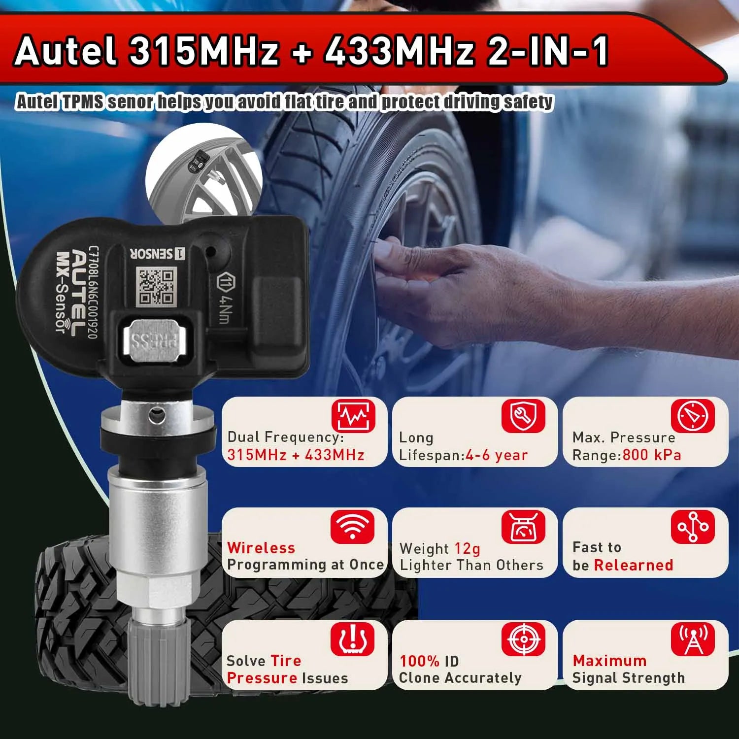 Autel MX TPMS-sensor 2-i-1 315MHz & 433MHz klonbar
