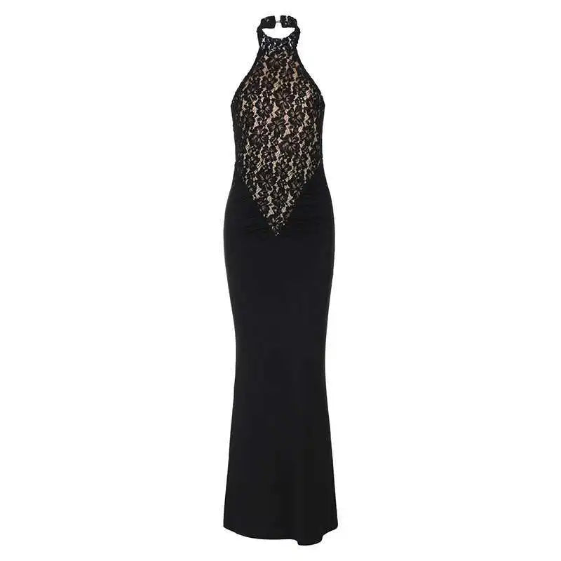 Mozision Lace Halter Backless Sexy Maxi Dress For Women Black Off-shoulder Strapless Sleeveless Bodycon Club Party Long Dress