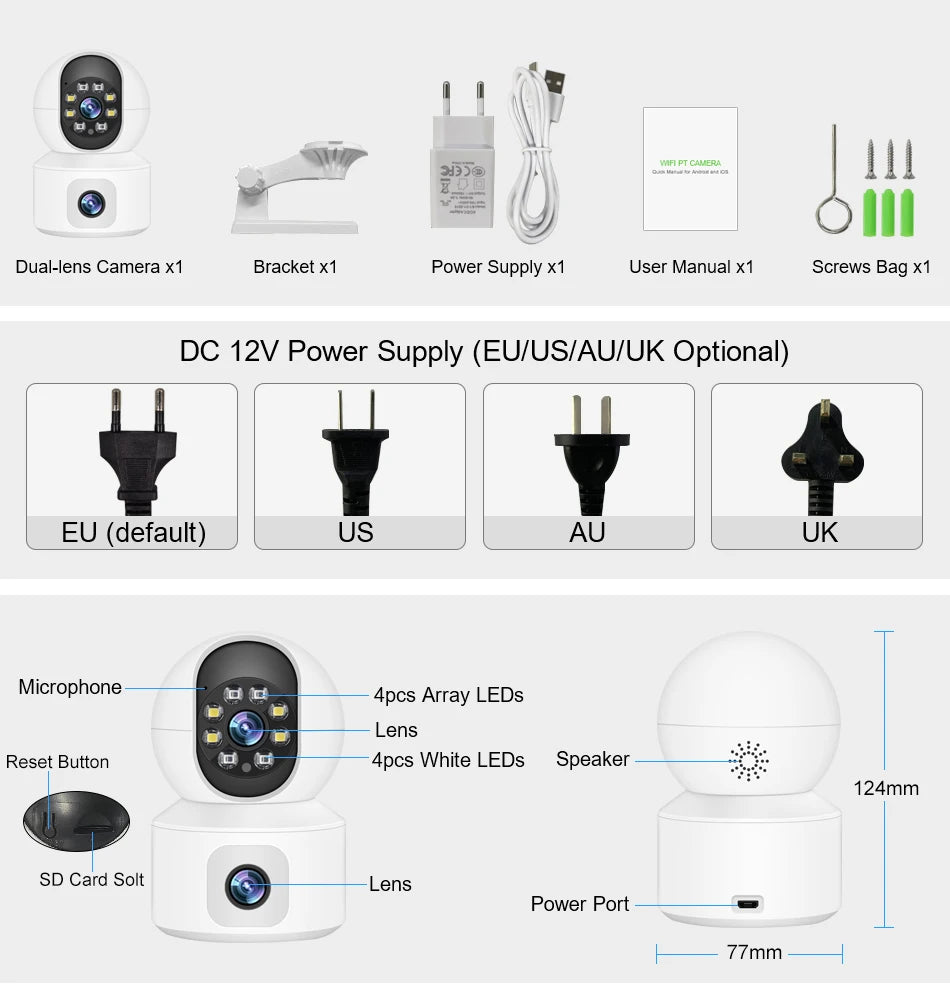 Caméra de sécurité WiFi à double objectif 6MP avec suivi automatique et audio