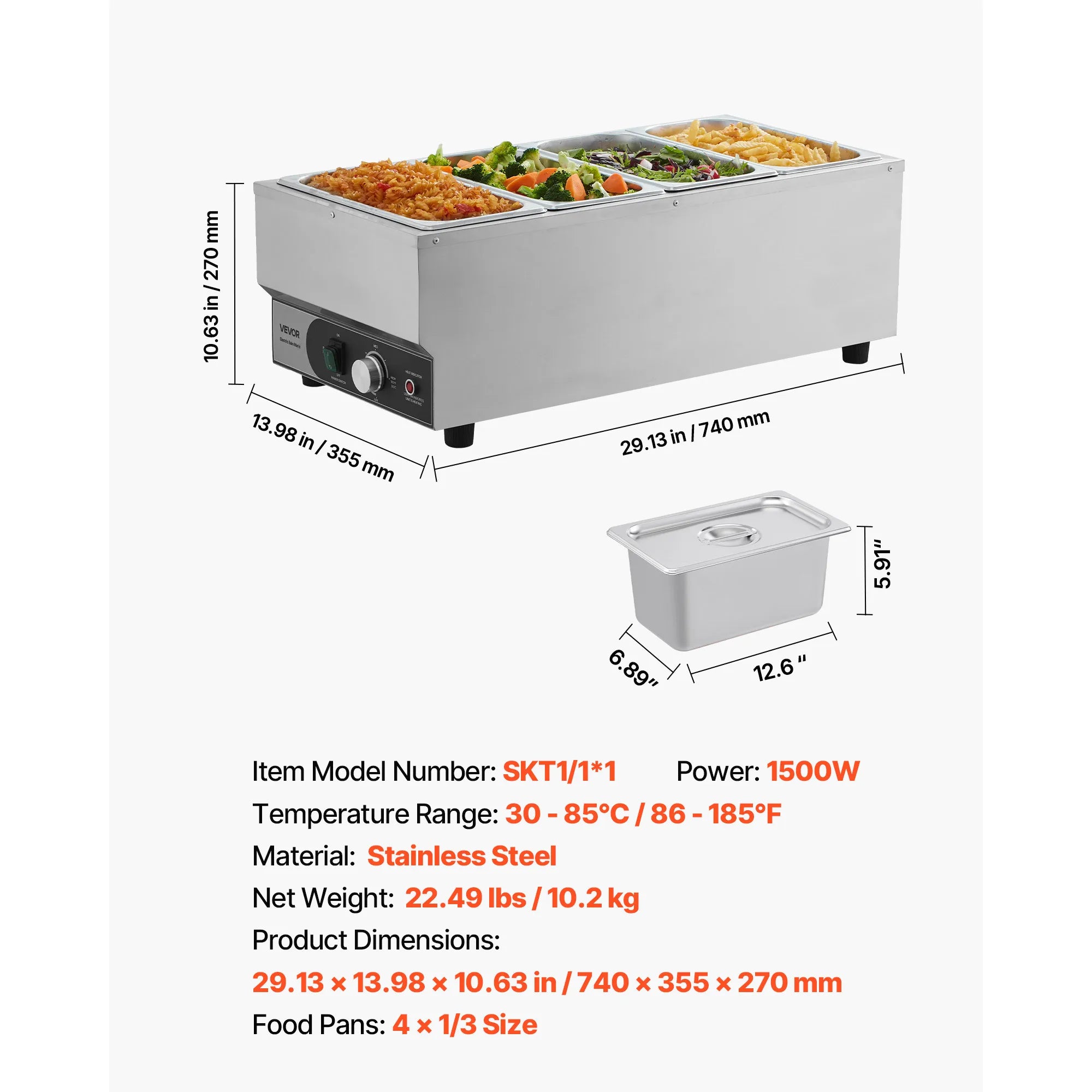 Kommmerciel madvarmer 1500W Bain Marie med 4 fade