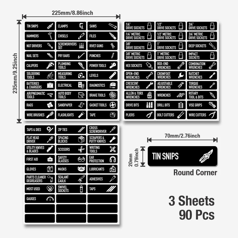 90 Toolbox Labels for Steel Drawers and Tool Chests