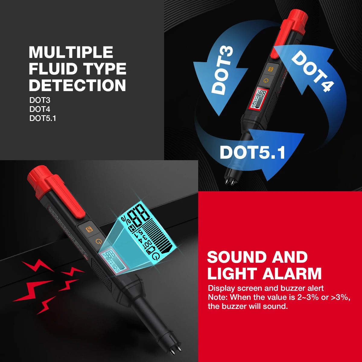 3-Colors Backlight Portable Digital Brake Fluid Tester Accurate Auto Car Brake Oil Tester Sound Light Alarm DOT3 DOT4 DOT5.1