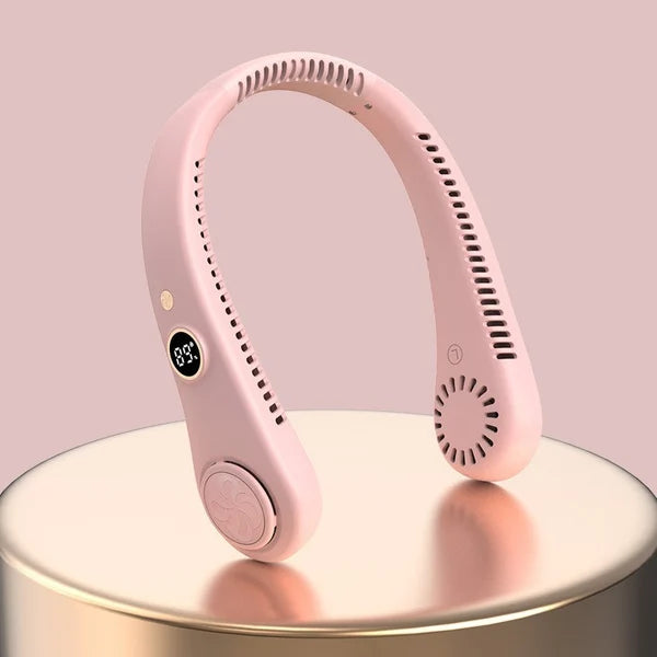 Ventoinha elétrica recarregável com ecrã digital para pendurar ao pescoço, design sem pás, ventoinha de pescoço sem pás, recarregável por USB